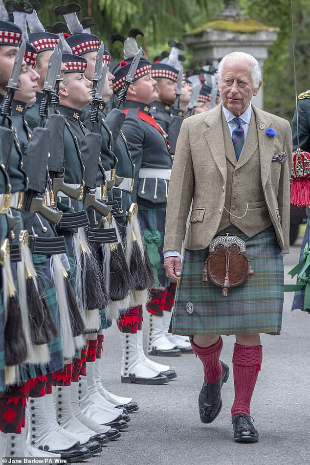 Charles, 75, who is still undergoing cancer treatment, is expected to fly from Balmoral, where he yesterday inspected troops from the Royal Regiment of Scotland (pictured)