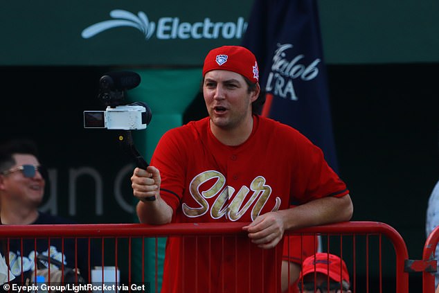 Trevor Bauer #96 of the South Zone Team during the annual Mexican Baseball League 'Home Run Derby' batting contest