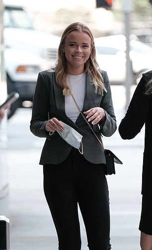 Bauer's accuser, Lindsey Hill, pictured in August 2021 before a hearing in her case against the pitcher