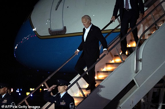 U.S. President Joe Biden arrives at Santa Barbara International Airport in Santa Barbara, California, on August 20, 2024. Biden is on vacation in Santa Ynez, California. (Photo by Brendan Smialowski / AFP) (Photo by BRENDAN SMIALOWSKI/AFP via Getty Images)