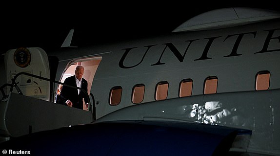 U.S. President Joe Biden arrives at the Santa Barbara Municipal Airport in Santa Barbara, California, U.S., August 20, 2024. REUTERS/Craig Hudson