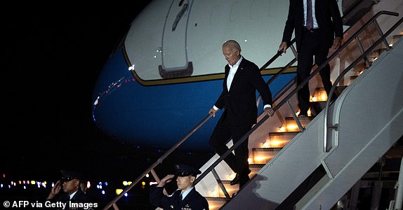 U.S. President Joe Biden arrives at Santa Barbara International Airport in Santa Barbara, California, on August 20, 2024. Biden is on vacation in Santa Ynez, California. (Photo by Brendan Smialowski / AFP) (Photo by BRENDAN SMIALOWSKI/AFP via Getty Images)