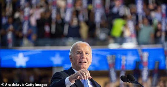 CHICAGO, ILLINOIS, UNITED STATES - AUGUST 19: United States President Joe Biden greets the crowd during the 2024 Democratic National Convention in Chicago, Illinois, United States on August 19, 2024. (Photo by Jacek Boczarski/Anadolu via Getty Images)