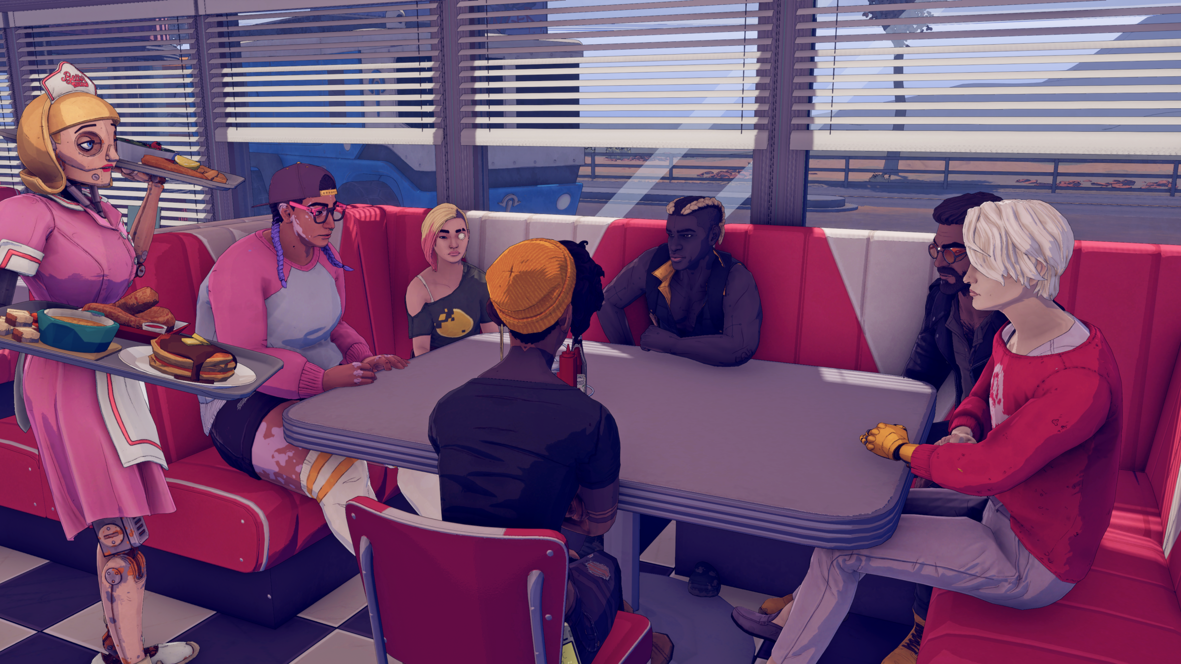 A group of characters sitting around a table in a restaurant. An android waitress approaches with a plate of pancakes