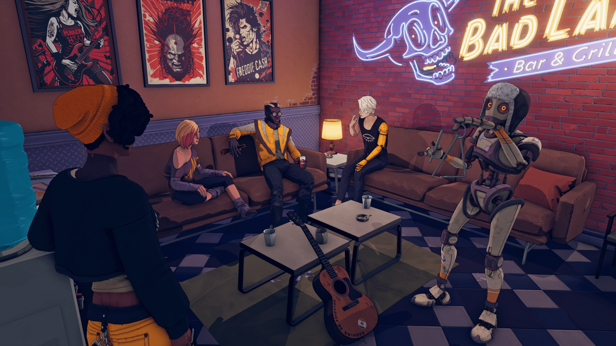 A group of characters sitting together on some worn couches in a room. One of them is an android