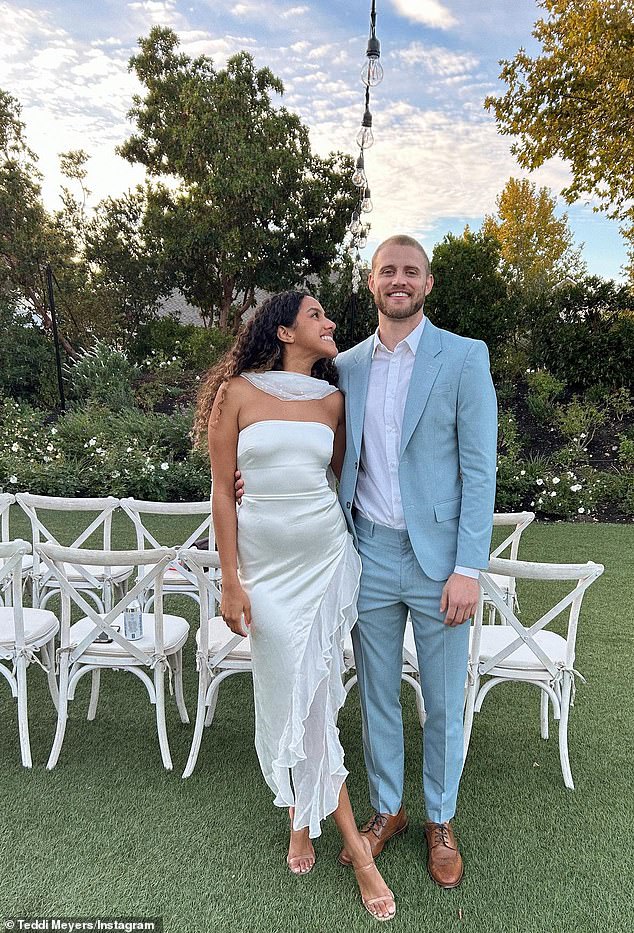 CMG worked The Bachelor alumna Teddi Wright's wedding to Nicholas Meyers in Napa Valley last year; the couple is pictured at a get-together the night before the wedding