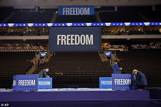 Workers have set the scene for Democratic candidate Vice President Kamala Harris and her running mate, Minnesota Governor Tim Walz, who will demonstrate Tuesday night in Milwaukee, Wisconsin, at the same location where the RNC was held last month.