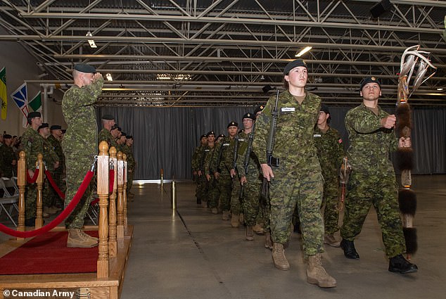 National Defense claims the logo is a direct representation of the military's new camouflage pattern. It consists of brown pixels arranged to form a maple leaf, taken directly from the pattern itself.