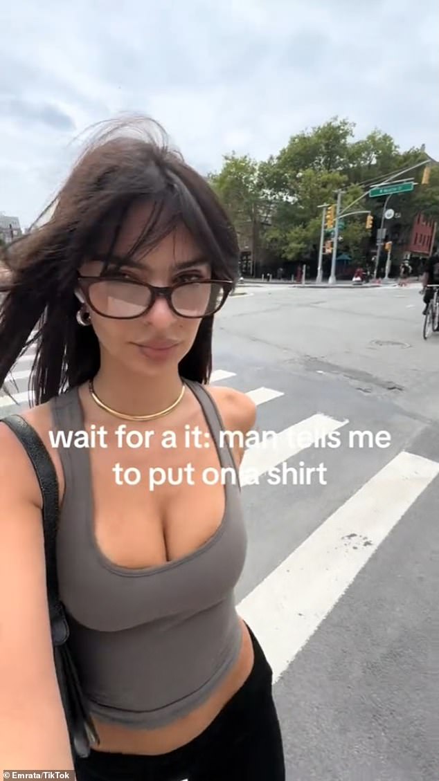 She took to TikTok on Tuesday to share a short video of herself walking down the street. At the very beginning of the eight-second clip, she can be seen crossing the street and a man can be heard telling her to “put a shirt on.”