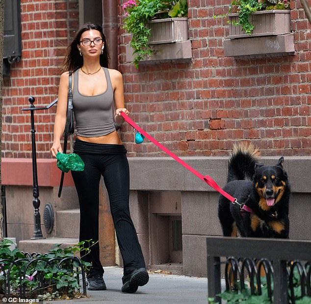 Emily is seen walking her dog Colombo in New York City on Tuesday