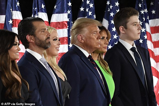 Barron Trump (far right) with parents Donald and Melania and other Trump family members at the 2020 presidential convention