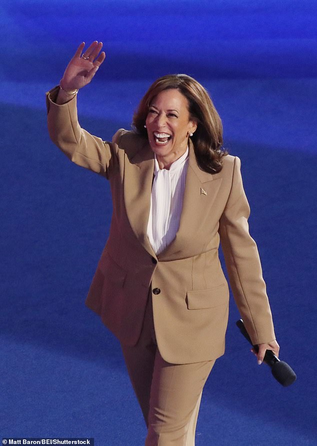 While the Obamas were speaking, Harris was holding a rally 90 miles away in Milwaukee on Tuesday night. (Photo: Harris on Monday after making a surprise appearance at the DNC)