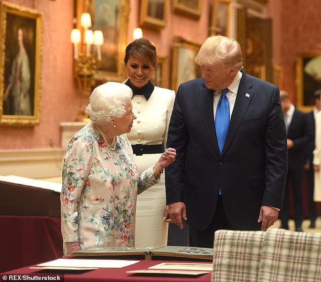 The Queen is also said to have speculated that he must have 'some sort of arrangement' with his wife Melania, otherwise why would she have stayed married to him? Pictured: Queen Elizabeth II, Donald Trump and Melania Trump during a state visit to London in 2019