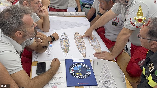 Rescue workers review the Bayesian's plans as they organize a search for six people still missing after the superyacht sank