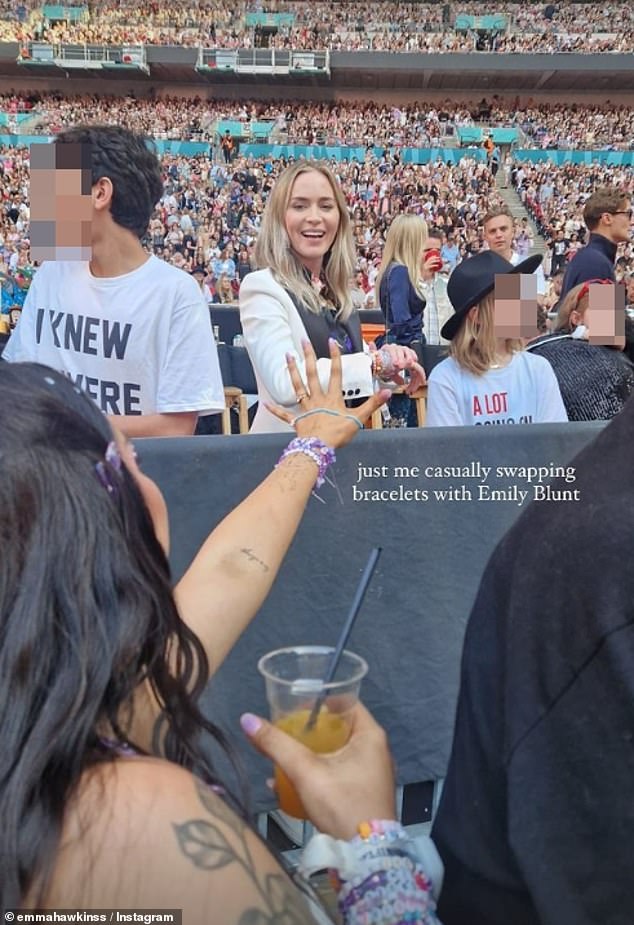 Star-studded crowd: Emily Blunt was spotted exchanging friendship bracelets with fans at Taylor Swift's final show at Wembley Stadium