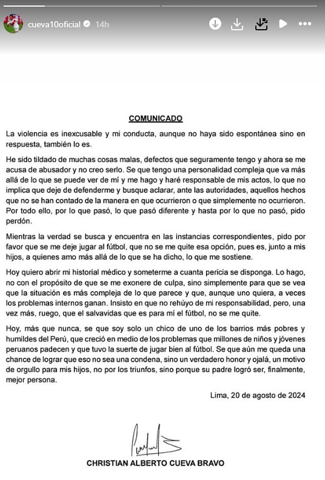 “I have been accused of many bad things, flaws that I certainly have and now I am accused of being an abuser when I am not,” Cueva wrote