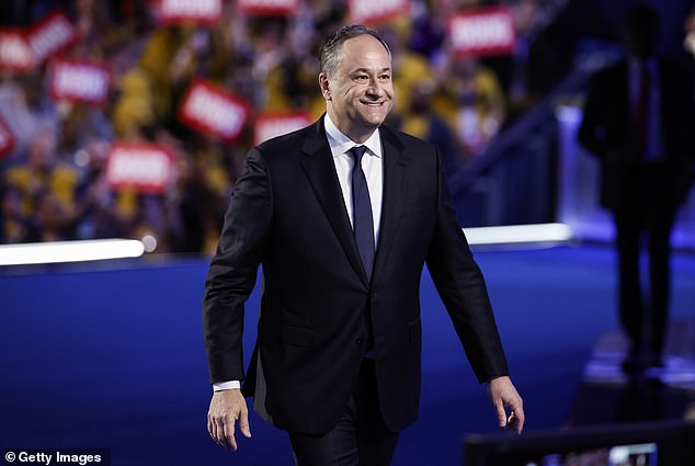 Second Gentleman Doug Emhoff leaves the stage after a speech during the second day of the Democratic National Convention