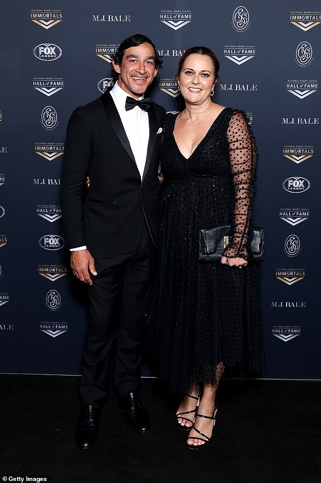 Former NRL Cowboy star Jonathan Thurston also made an appearance on the stylish black carpet at the Hall of Fame. The 41-year-old star was joined by his wife Samantha, who dazzled onlookers in a stunning black evening gown with lace sleeves. Both pictured