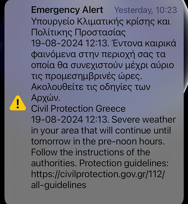 Message from Greek Civil Protection Agency warned passengers of bad weather