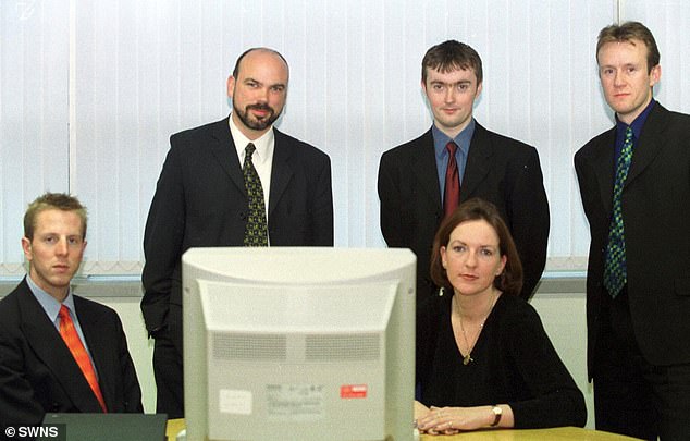 Mr Lynch (second from left) is seen in the early days of his technology company Autonomy in Cambridge