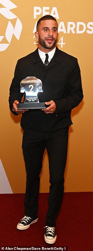 Walker appears to be wearing his wedding ring as he holds his trophy for the PFA Premier League Team of the Year Award