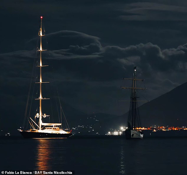 The superyacht (pictured) was moored off the coast of Porticello, near Palermo, when it was hit by a tornado over the sea, also known as a waterspout