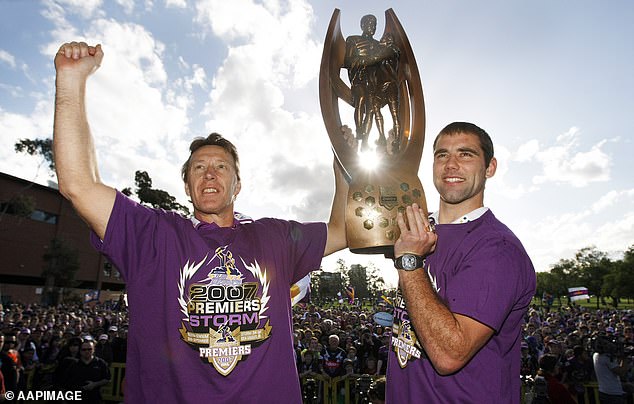 Craig Bellamy and the Storm won the NRL Trophy in 2007 (above) and 2009, but were stripped of both titles in 2010 due to salary cap breaches.