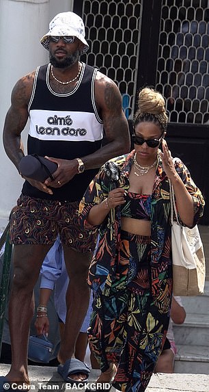 LeBron wore a black and white tank top by Aime Leon Dore, while his Savannah wore a three-piece beach outfit