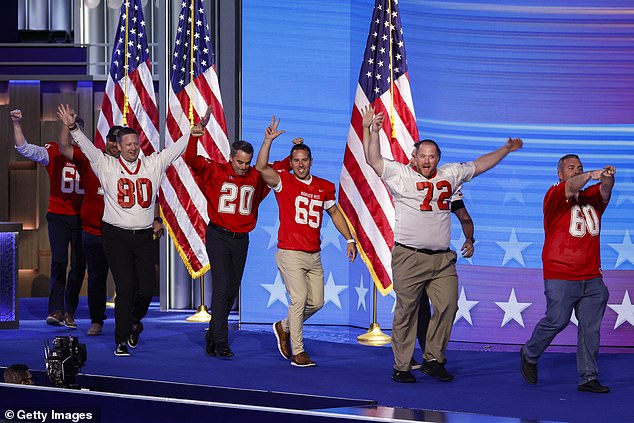 Former Mankato West High School football players take the stage at the Democratic National Convention as their former coach Tim Walz is nominated for Vice President of the United States