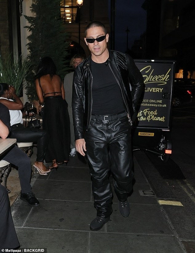 Meanwhile, former TOWIE star Joey, 34, opted for an all-leather look and wore dark sunglasses