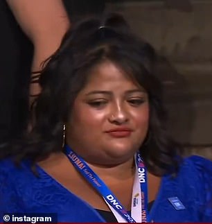 The broadcast cut awkwardly to a bewildered woman (pictured) — now identified as Woorman — immediately after Winfrey delivered the cat phrase. The delegate quickly turned away as if to avoid the unfortunate timing