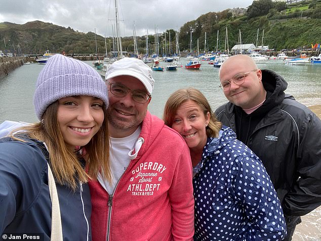 While Jake was undergoing successful treatment for the cancer in his leg, doctors later discovered another tumor, this time in his lung. Jake is pictured here with his parents, Sharon and Steve, and his sister, Shayna