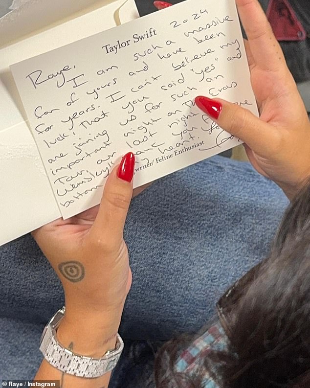 Raye shared a glimpse of the handwritten letter Taylor wrote, in which she says she's a 