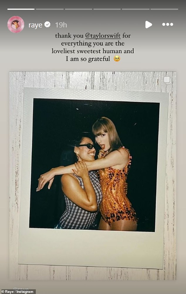 The Brit Award winner also shared a photo of herself and Taylor to her stories, writing: 'Thank you @taylorswift for everything. You are the sweetest, sweetest person and I am so grateful.'