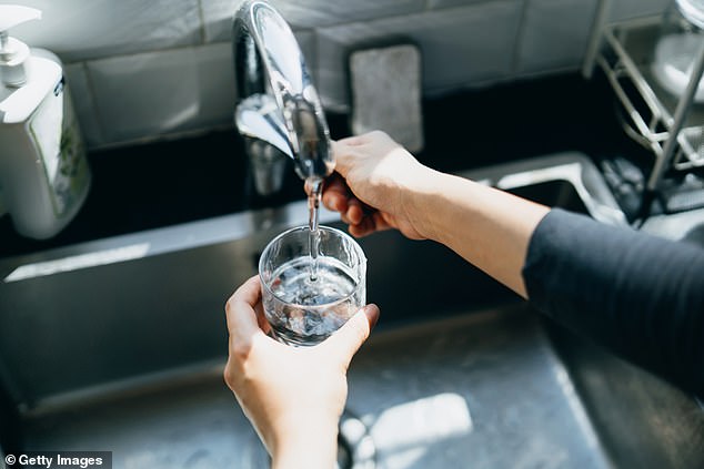 The above image shows a woman filling a glass of water from the tap, amid concerns over the quality of the tap water (stock)