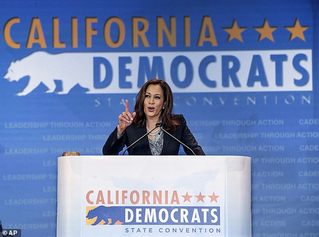 California Attorney General Kamala Harris speaks to California Democrats in Anaheim, California on May 16, 2015.