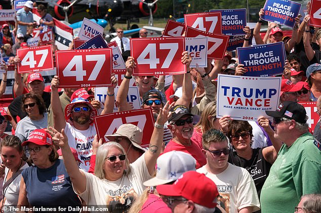 Thousands of people waited for hours to hear Trump speak on Wednesday as he toured the states hardest hit as Democrats hold their party convention in Chicago, Illinois