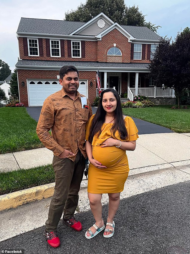 The couple in front of their Virginia home when Mamta was pregnant