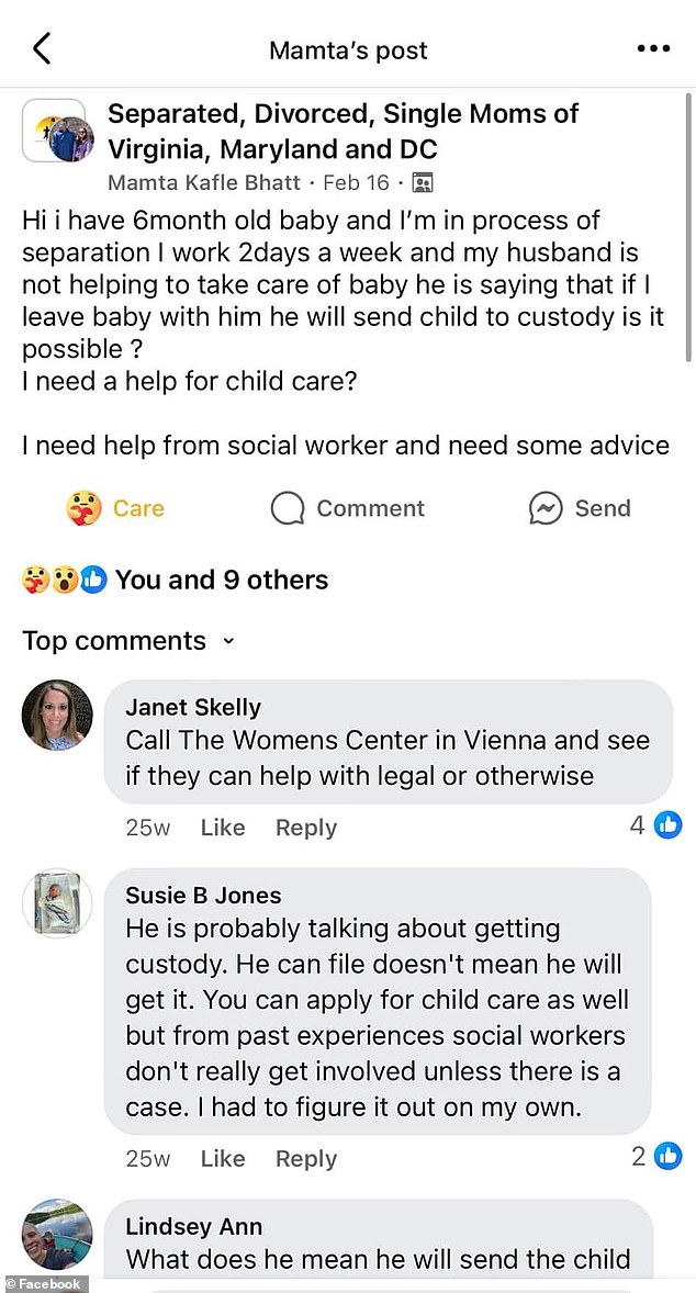 In February, Mamta posted a message to the Facebook group Separated, Divorced, Single Moms of Virginia, Maryland and DC saying she needed advice from a social worker