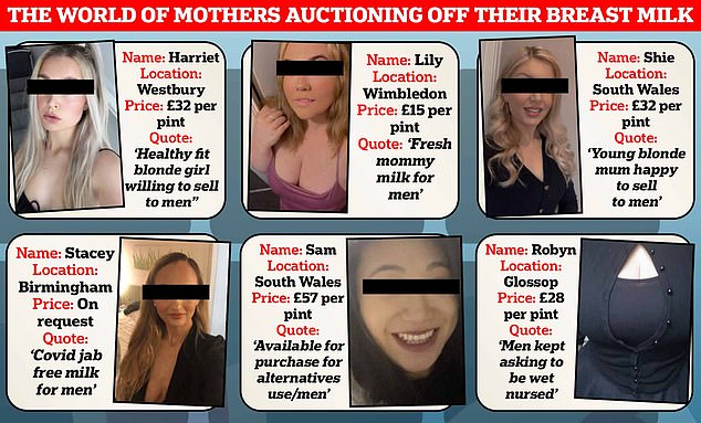 A selection of British mothers or mothers-to-be selling their breast milk online and inviting men to place an order