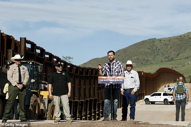 The alleged plot is said to be taking place in Sierra Vista, Arizona, where Trump's running mate JD Vance toured just three weeks ago (pictured during the trip).