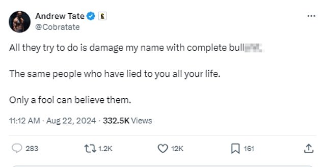 Tate posted a message on X this morning after being arrested by Romanian police last night