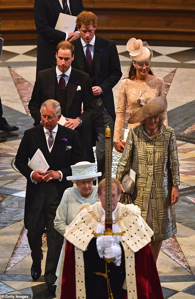 Prince Harry pictured with Prince William, Kate, his father King Charles, Queen Camilla and the late Queen Elizabeth II in London in June 2012