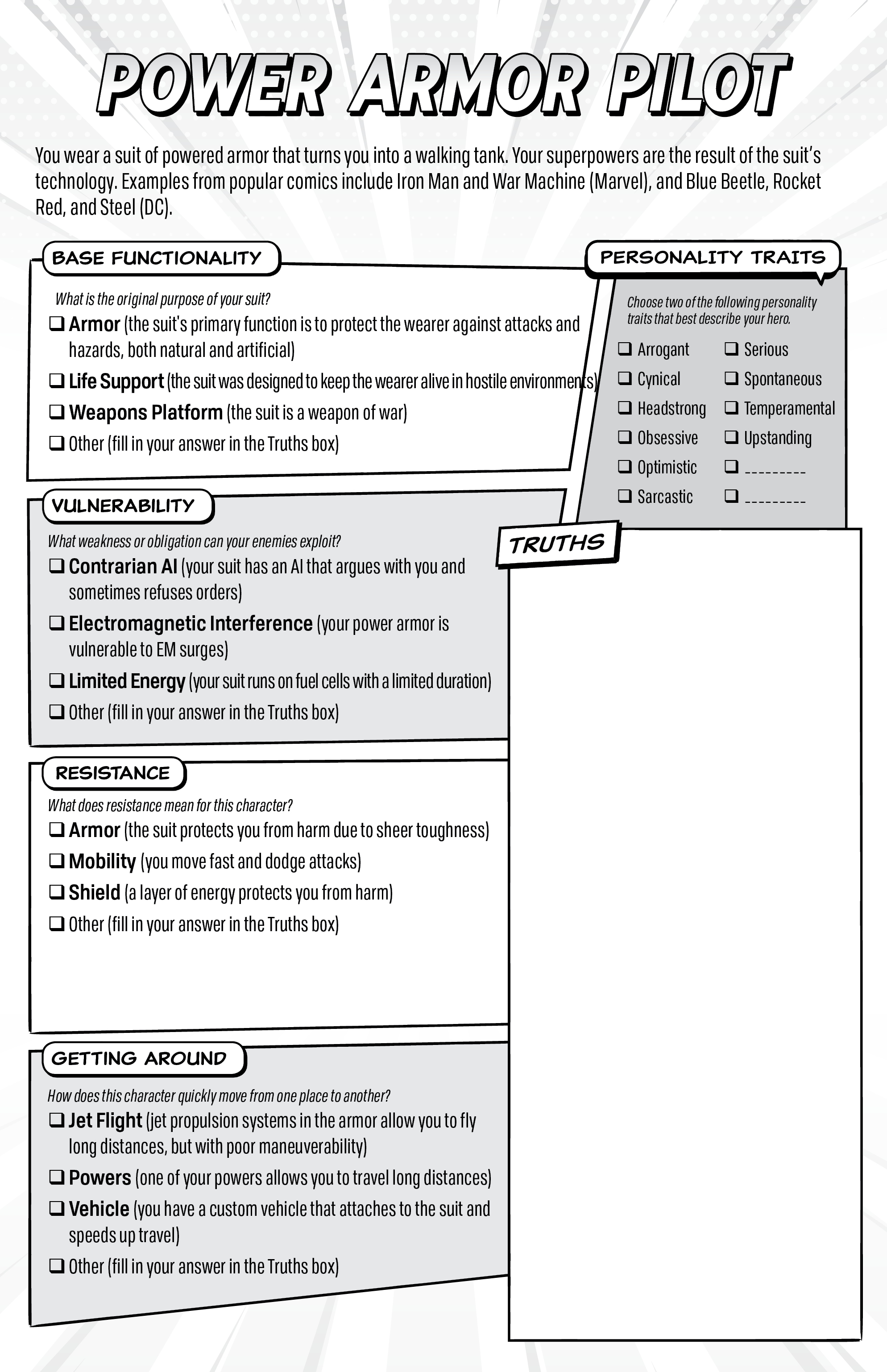 A blank character sheet for a “Power Armor Pilot” superhero in the Spectaculars role-playing game, featuring various character options for vulnerabilities, resistances, and other stats