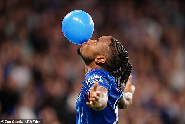 Nkunku performed his traditional 'balloon' celebration after scoring his first goal of the season