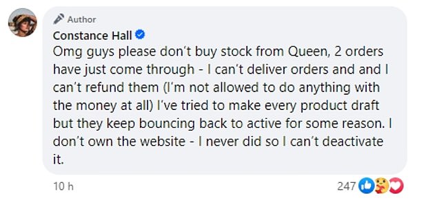 She begged fans not to buy stock from her website, as she could not fulfill the orders and could not provide refunds.