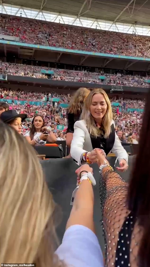 In another major A-list appearance, Emily Blunt was spotted exchanging friendship bracelets with fans at the final UK Eras Tour concert on Tuesday night