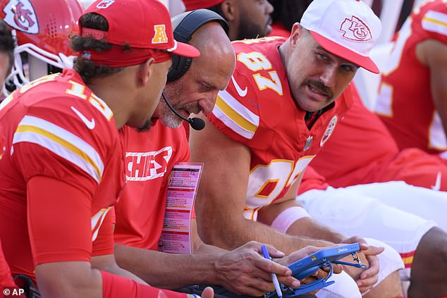 Mahomes (far left) and Kelce (far right) are looking to lead the Chiefs to a third-place finish this year