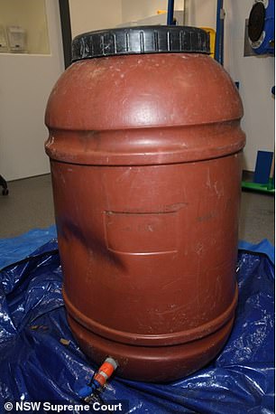 The barrel Charlise was placed in when Stein dumped her body in January 2022