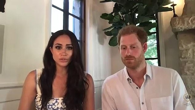 The magazine revealed several features of the estate, including the two interconnected palm trees in the garden, which the Duke of Sussex (pictured right at his home), 37, calls his own and Meghan's